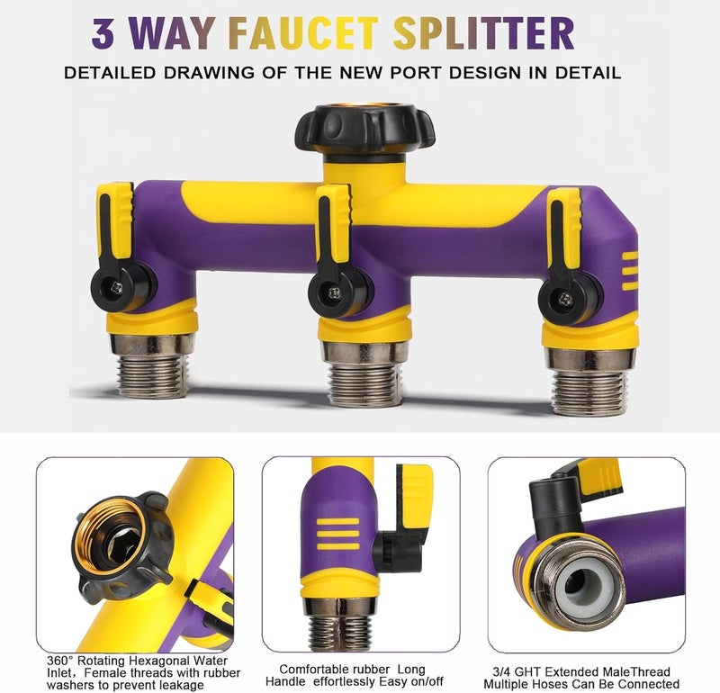 ATAOSGR 3 way Hose Splitter, Garden Hose Water bib Spigot Splitter, T Hose Connector- With Shutoff Valves Water Adapter,Outdoor Faucet Splitter 3/4" GHT Thread, For Outdoor garden irrigation（purple yellow） - Image 3